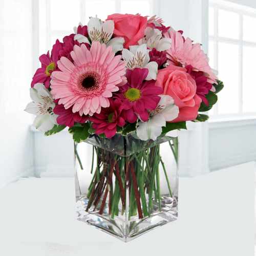 Rose Gerbera N White Lily In Vase