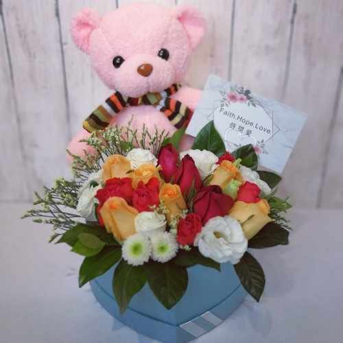 12 Mixed Rose With A Cute Pink Teddy