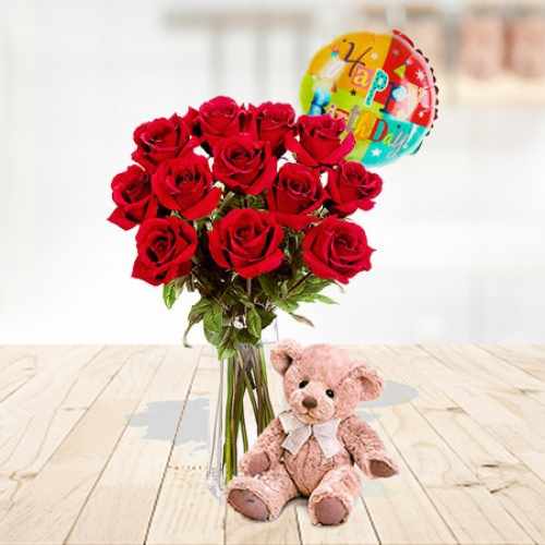 12 Red Rose  With Teddy And Balloon