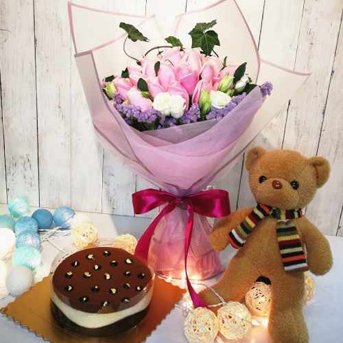 18 Pink Roses With Birthday Cake And Teddy