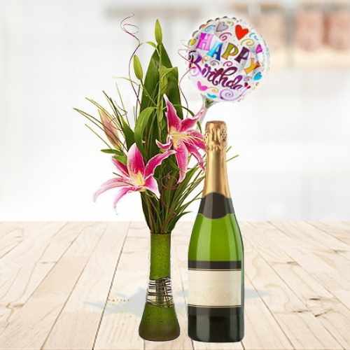 Oriental lilies with Wine and Birthday Balloon