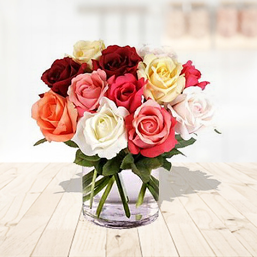 12 Mixed Roses In A Vase